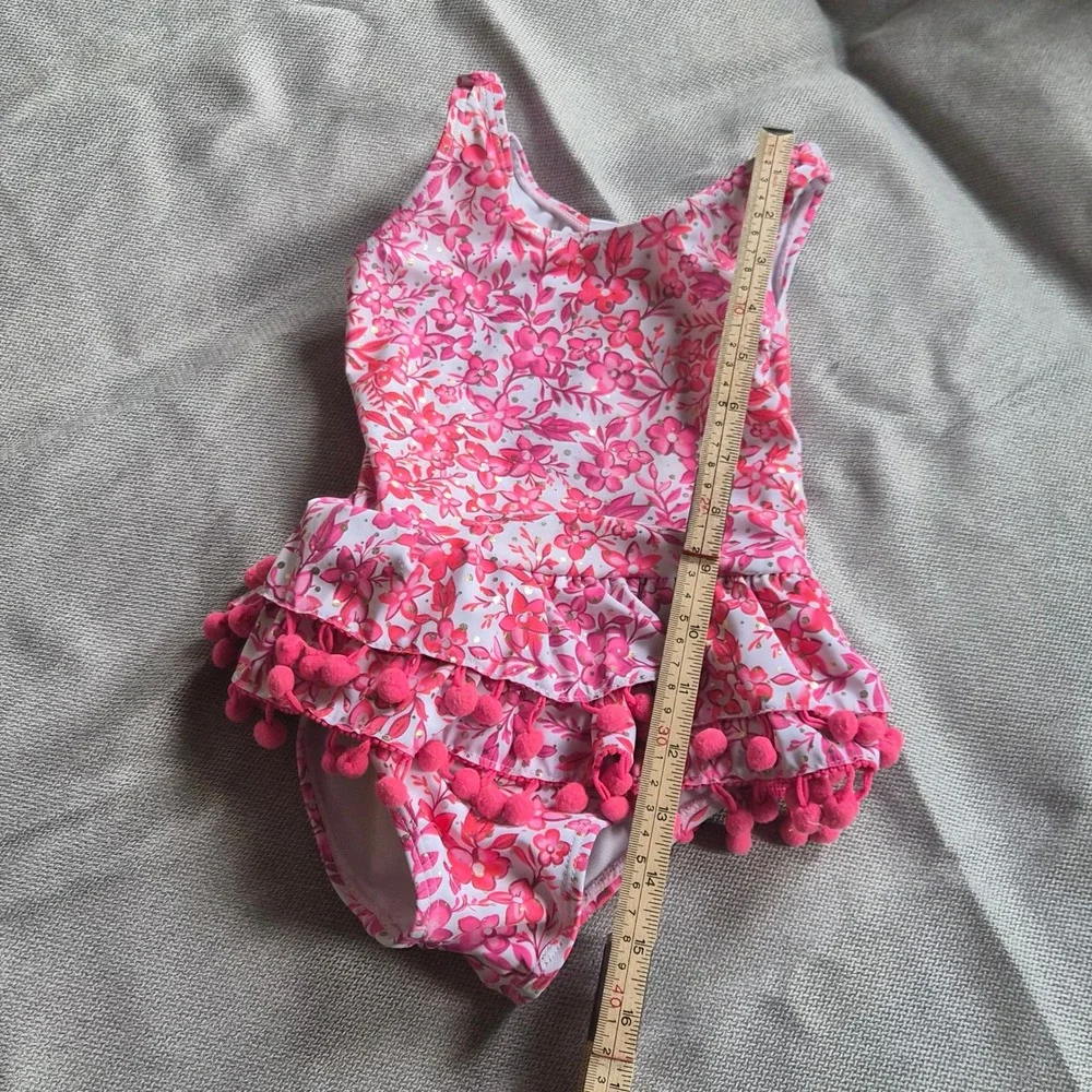 Nicole Miller Girls Floral Ruffle Pom Pom One Piece Swimsuit Sz 6 Preppy Boho